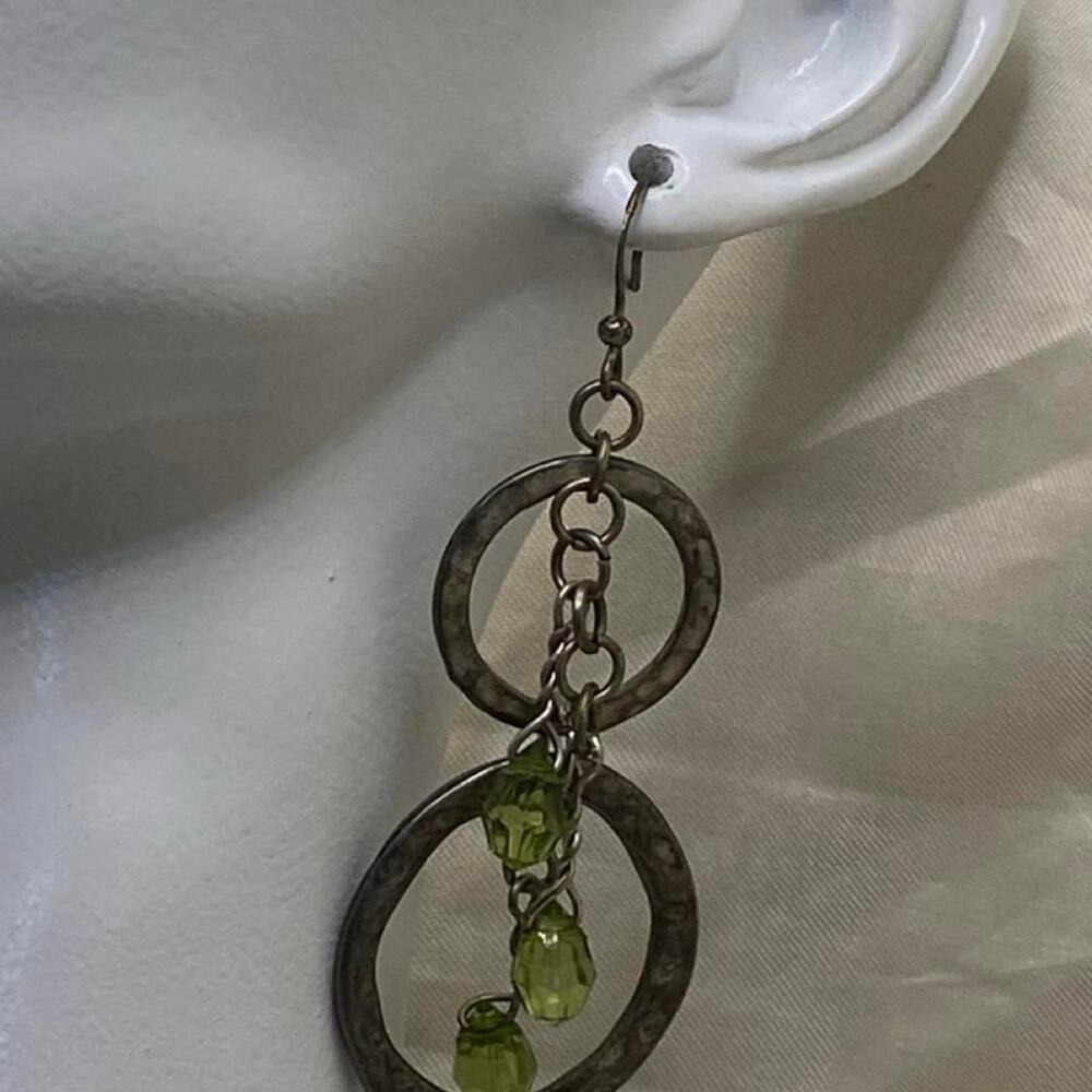 Vintage 90s Hammered Silver Tone Double Hoop Dangle Earrings Lime Green Beads